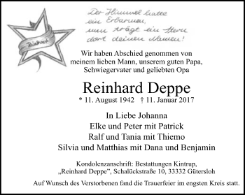 Traueranzeige von Reinhard Deppe von Neue Westfälische