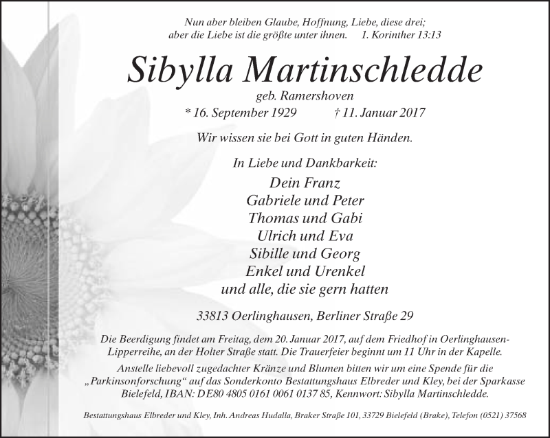  Traueranzeige für Sibylla Martinschledde vom 14.01.2017 aus Neue Westfälische