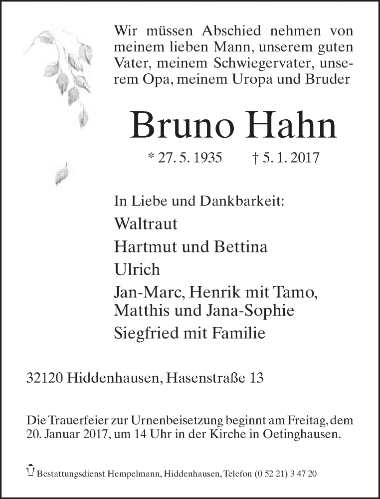  Traueranzeige für Bruno Hahn vom 07.01.2017 aus Neue Westfälische