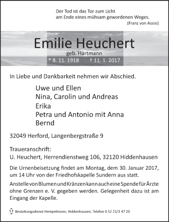 Traueranzeige von Emilie Heuchert von Neue Westfälische