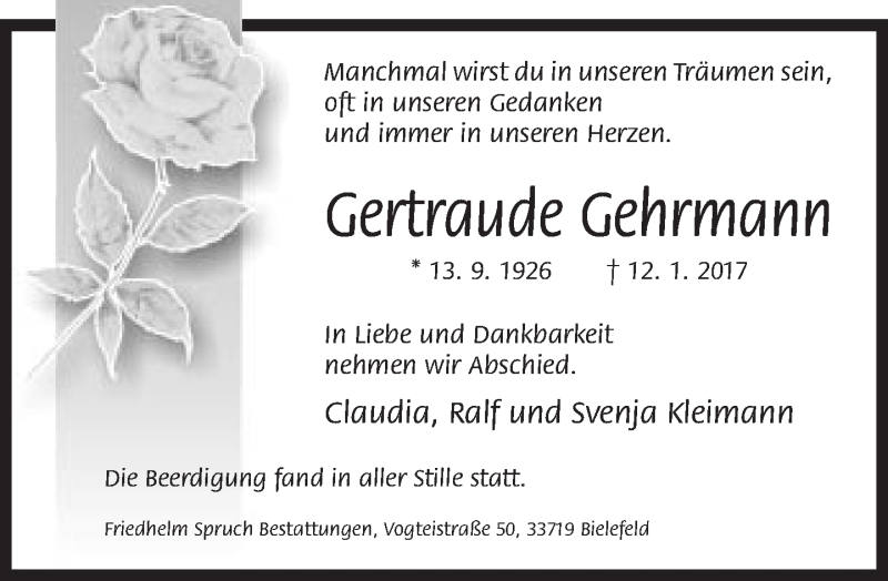  Traueranzeige für Gertraude Gehrmann vom 21.01.2017 aus Neue Westfälische