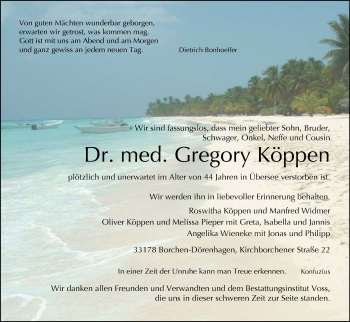 Traueranzeige von Gregory Köppen von Neue Westfälische