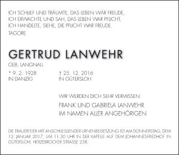 Traueranzeige von Gertrud Lanwehr von Neue Westfälische
