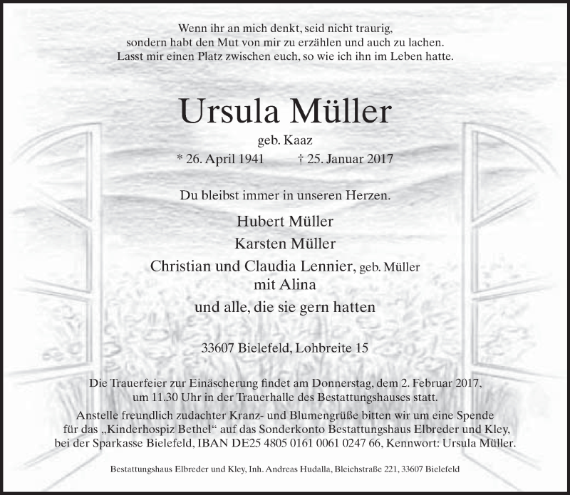  Traueranzeige für Ursula Müller vom 28.01.2017 aus Neue Westfälische