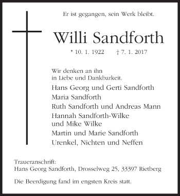 Traueranzeige von Willi Sandforth von Neue Westfälische