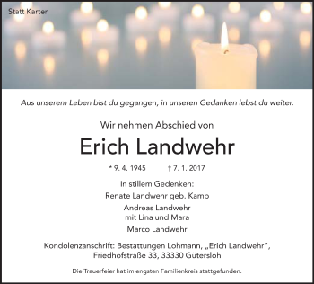 Traueranzeige von Erich Landwehr von Neue Westfälische