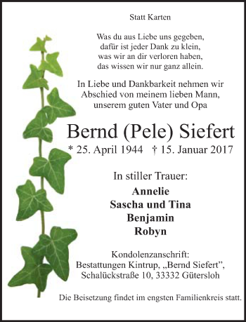 Traueranzeige von Bernd Pele Siefert von Neue Westfälische