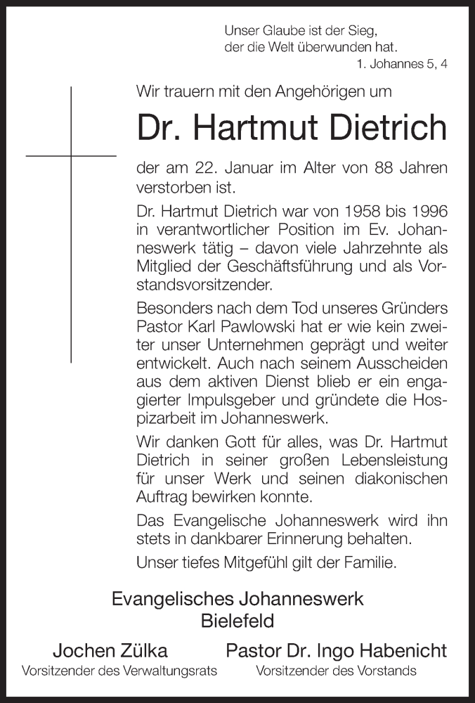  Traueranzeige für Hartmut Dietrich vom 26.01.2017 aus Neue Westfälische