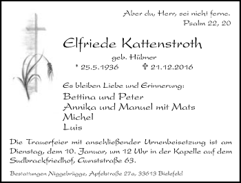 Traueranzeige von Elfriede Kattenstroth von Neue Westfälische