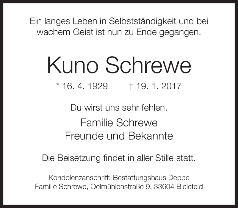  Traueranzeige für Kuno Schrewe vom 21.01.2017 aus Neue Westfälische