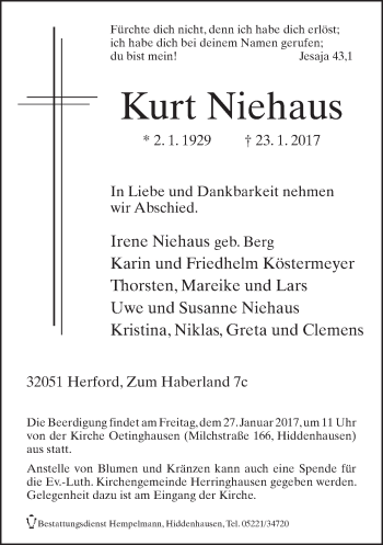 Traueranzeige von Kurt Niehaus von Neue Westfälische