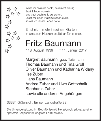 Traueranzeige von Fritz Baumann von Neue Westfälische