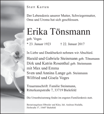 Traueranzeige von Erika Tönsmann von Neue Westfälische