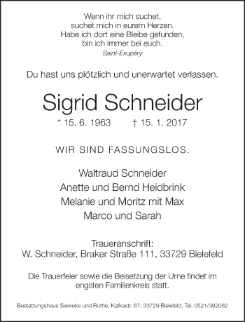 Traueranzeige von Sigrid Schneider von Neue Westfälische