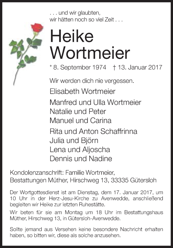  Traueranzeige für Heike Wortmeier vom 16.01.2017 aus Neue Westfälische