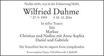Traueranzeige von Wilfried Duhme von Neue Westfälische