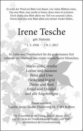 Traueranzeige von Irene Tesche von Neue Westfälische