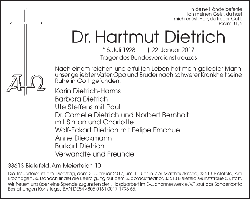  Traueranzeige für Hartmut Dietrich vom 26.01.2017 aus Neue Westfälische