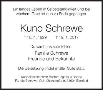 Traueranzeige von Kuno Schrewe von Neue Westfälische