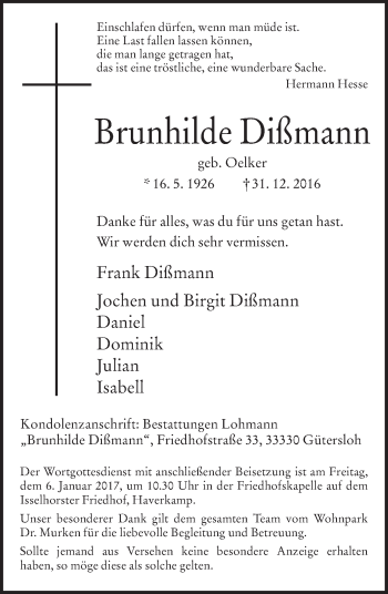 Traueranzeige von Brunhilde Dißmann von Neue Westfälische