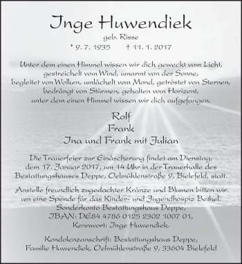 Traueranzeige von Inge Huwendiek von Neue Westfälische