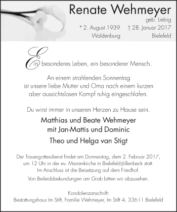 Traueranzeige von Renate Wehmeyer von Neue Westfälische
