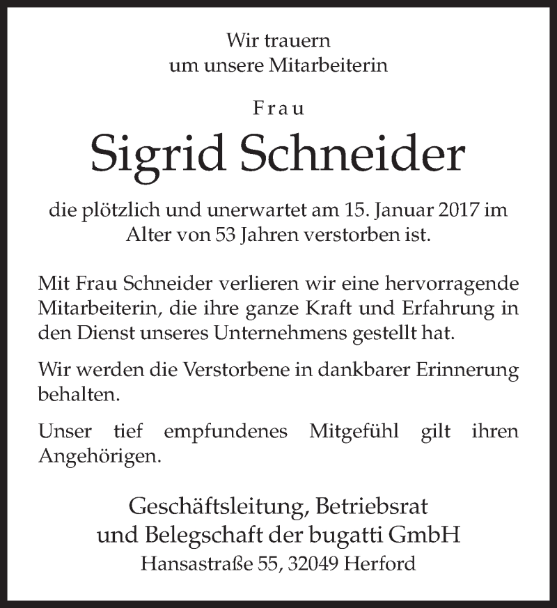  Traueranzeige für Sigrid Schneider vom 25.01.2017 aus Neue Westfälische