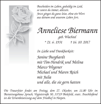 Traueranzeige von Anneliese Biermann von Neue Westfälische