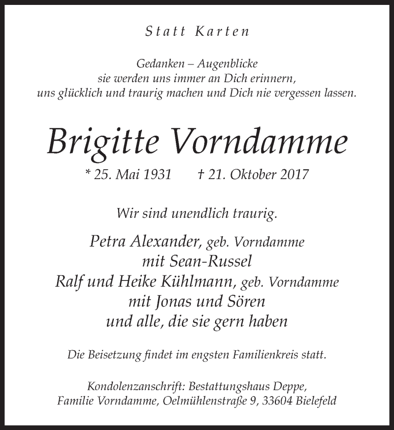  Traueranzeige für Brigitte Vorndamme vom 28.10.2017 aus Neue Westfälische
