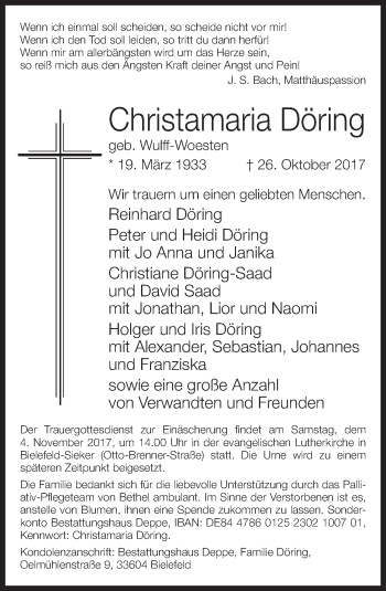 Traueranzeige von Christamaria Döring von Neue Westfälische