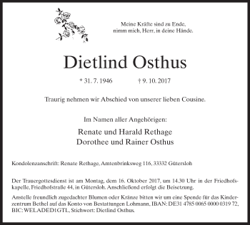 Traueranzeige von Dietlind Osthus von Neue Westfälische
