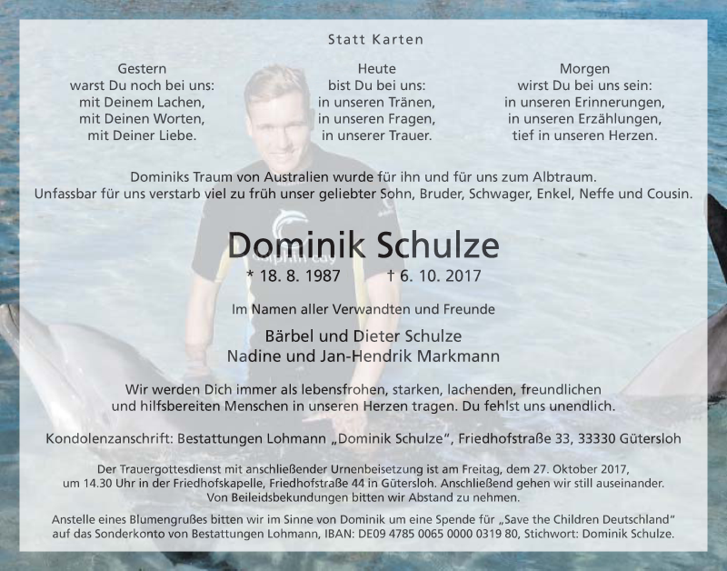  Traueranzeige für Dominik Schulze vom 21.10.2017 aus Neue Westfälische