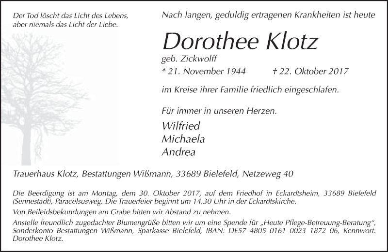  Traueranzeige für Dorothee Klotz vom 25.10.2017 aus Neue Westfälische