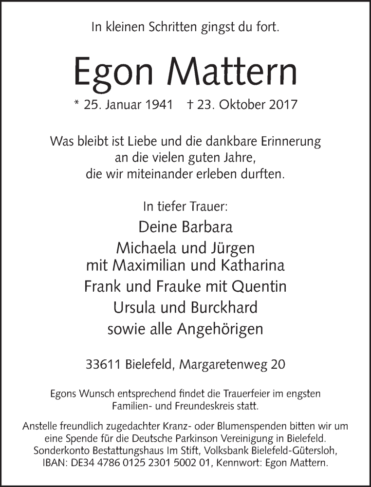 Traueranzeige für Egon Mattern vom 28.10.2017 aus Neue Westfälische