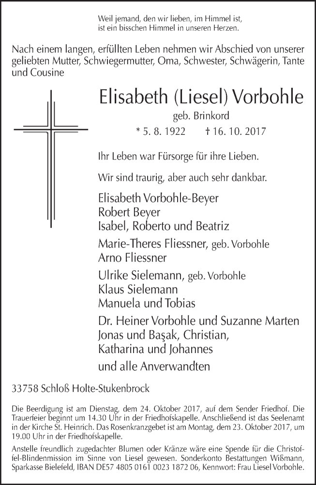  Traueranzeige für Elisabeth Liesel Vorbohle vom 21.10.2017 aus Neue Westfälische