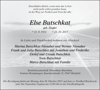 Traueranzeige von Else Butschkat von Neue Westfälische