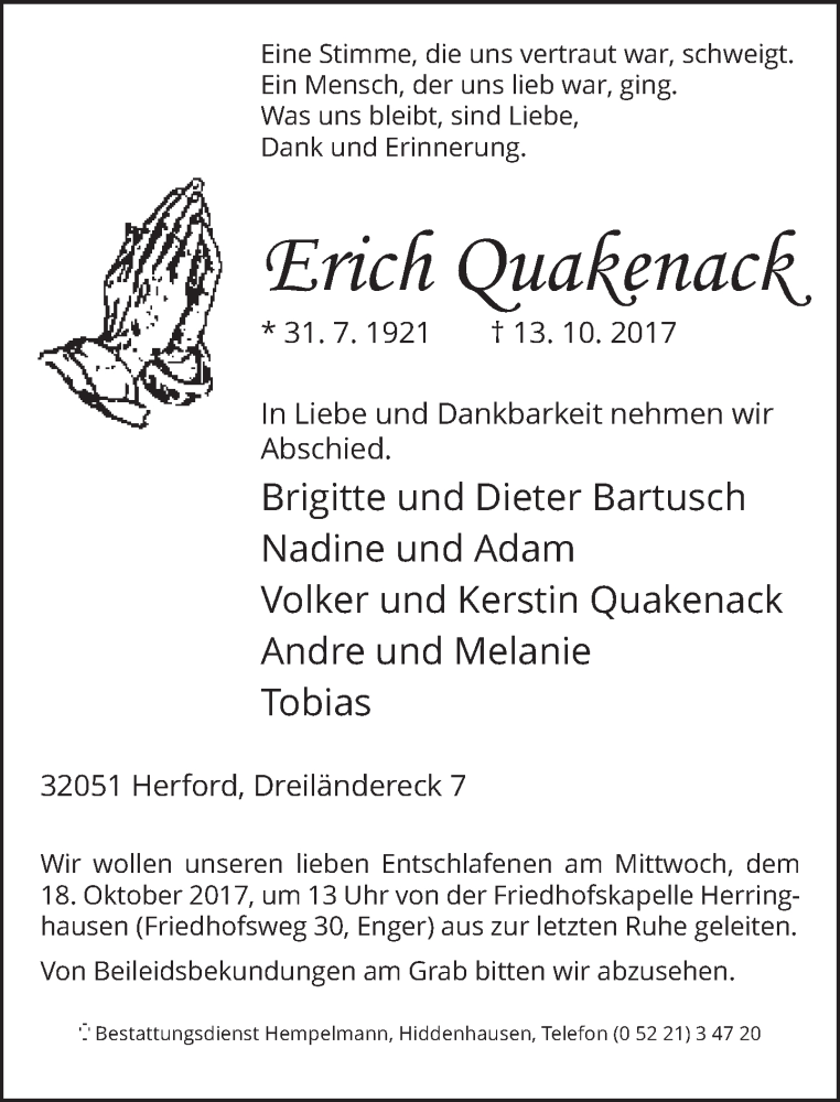  Traueranzeige für Erich Quakernack vom 14.10.2017 aus Neue Westfälische