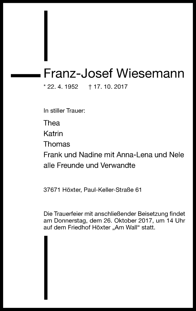  Traueranzeige für Franz-Josef Wiesemann vom 21.10.2017 aus Neue Westfälische