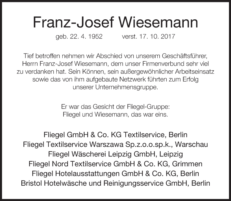  Traueranzeige für Franz-Josef Wiesemann vom 24.10.2017 aus Neue Westfälische