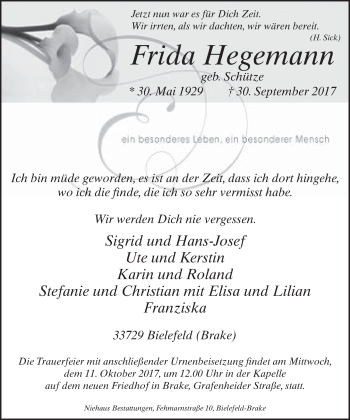 Traueranzeige von Frida Hegemann von Neue Westfälische