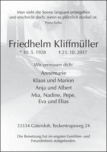 Traueranzeige von Friedhelm Kliffmüller von Neue Westfälische