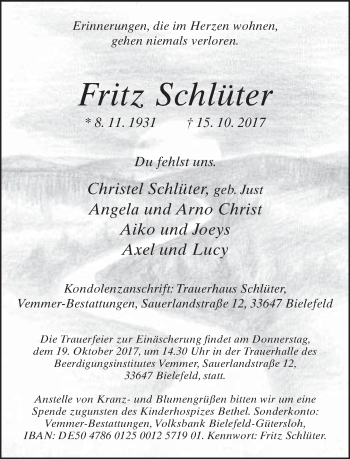 Traueranzeige von Fritz Schlüter von Neue Westfälische