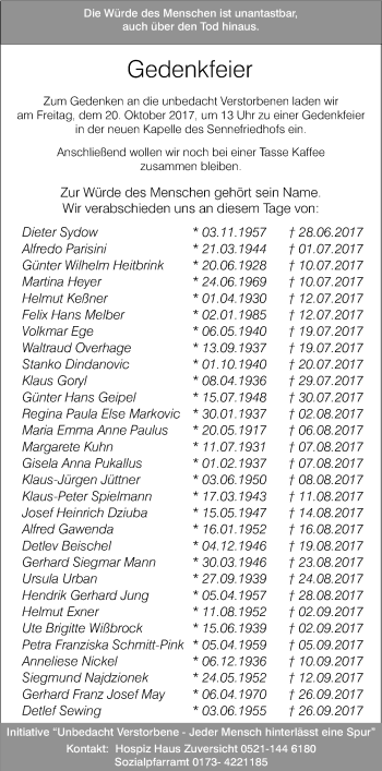 Traueranzeige von Gedenkfeier  von Neue Westfälische