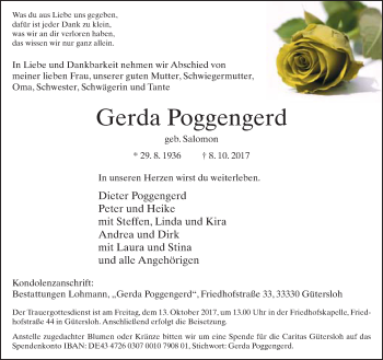 Traueranzeige von Gerda Poggengerd von Neue Westfälische
