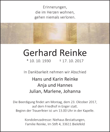 Traueranzeige von Gerhard Reinke von Neue Westfälische