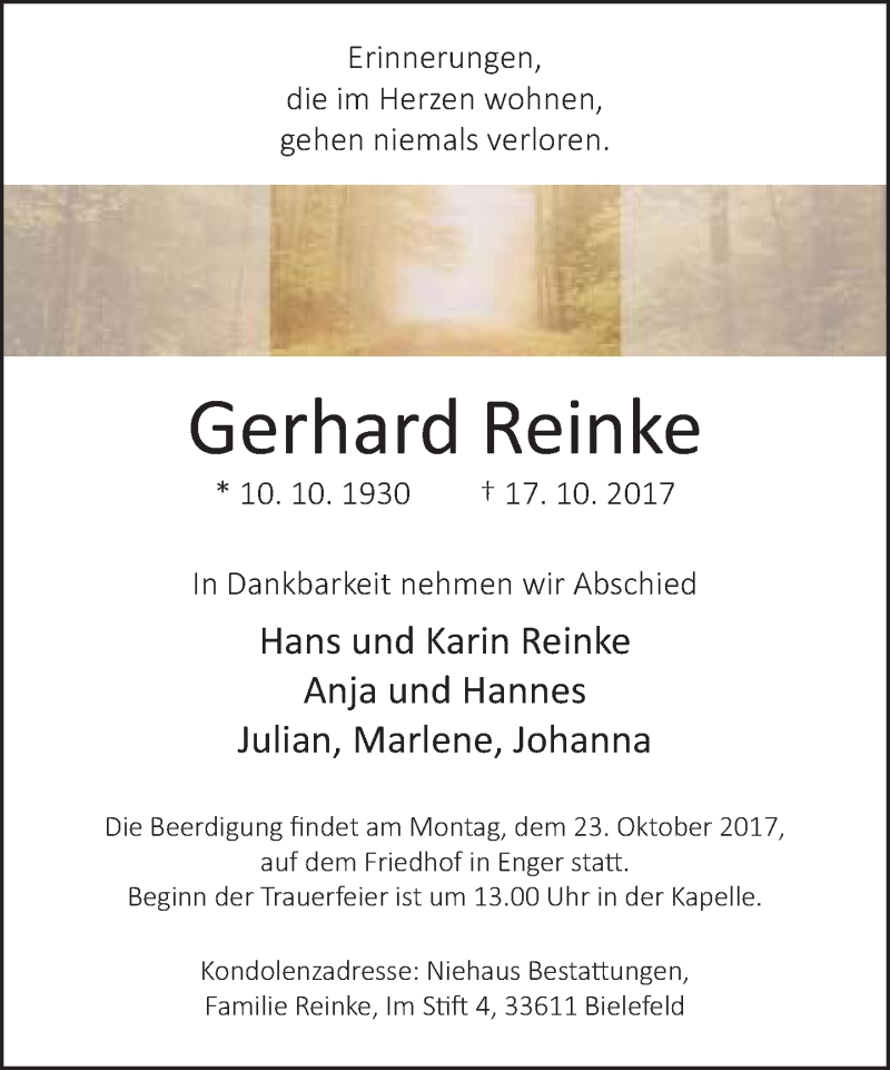  Traueranzeige für Gerhard Reinke vom 19.10.2017 aus Neue Westfälische