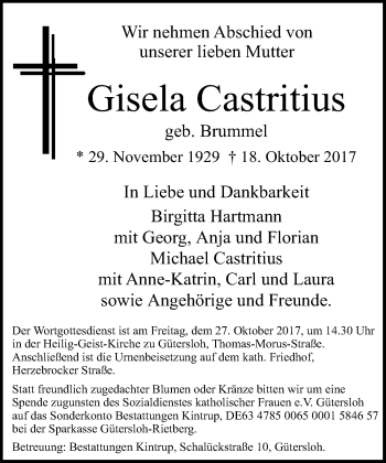 Traueranzeige von Gisela Castritius von Neue Westfälische