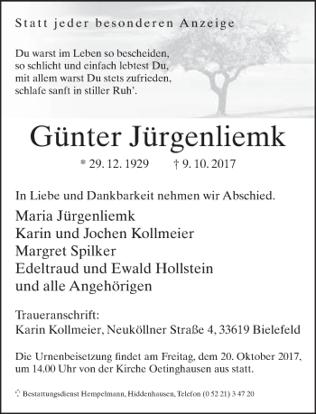 Traueranzeige von Günter Jürgenliemk von Neue Westfälische