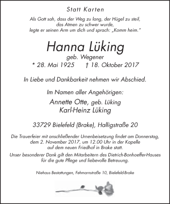 Traueranzeige von Hanna Lüking von Neue Westfälische