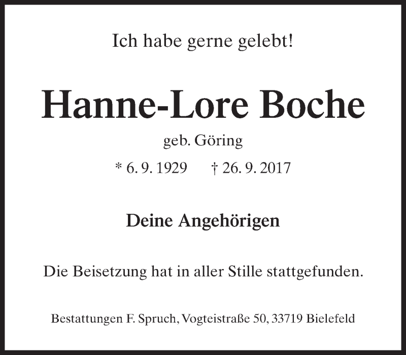  Traueranzeige für Hanne-Lore Boche vom 14.10.2017 aus Neue Westfälische